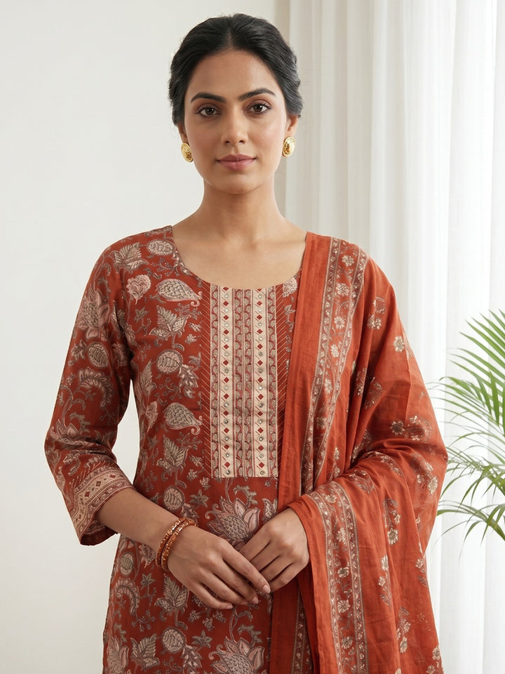 Red Embroidery Cotton Blend Kurta With Pant &amp; Dupatta