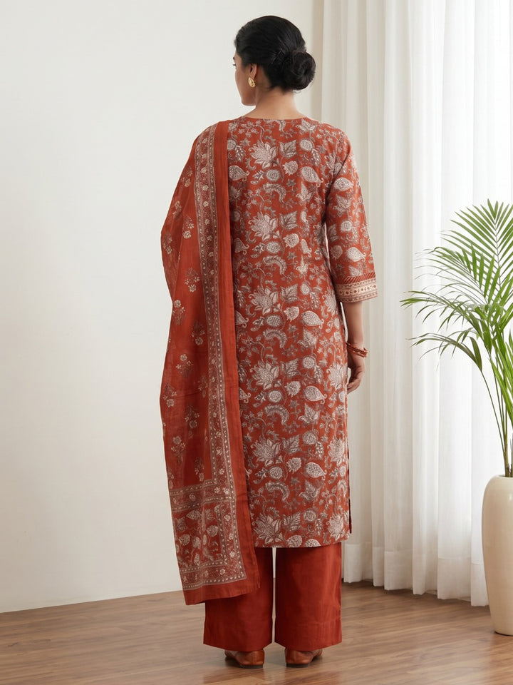Red Embroidery Cotton Blend Kurta With Pant &amp; Dupatta