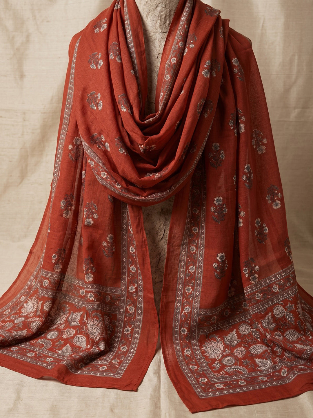Red Embroidery Cotton Blend Kurta With Pant &amp; Dupatta