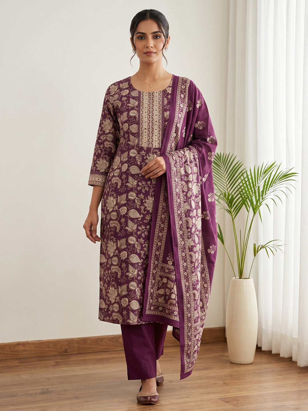 Wine Embroidery Cotton Blend Kurta With Pant &amp; Dupatta