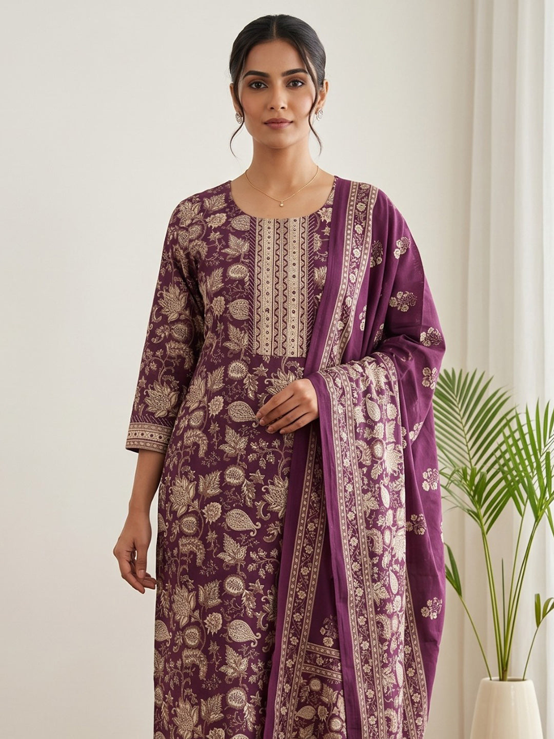 Wine Embroidery Cotton Blend Kurta With Pant &amp; Dupatta