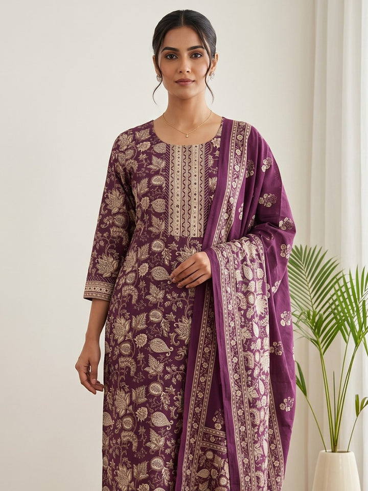 Wine Embroidery Cotton Blend Kurta With Pant &amp; Dupatta