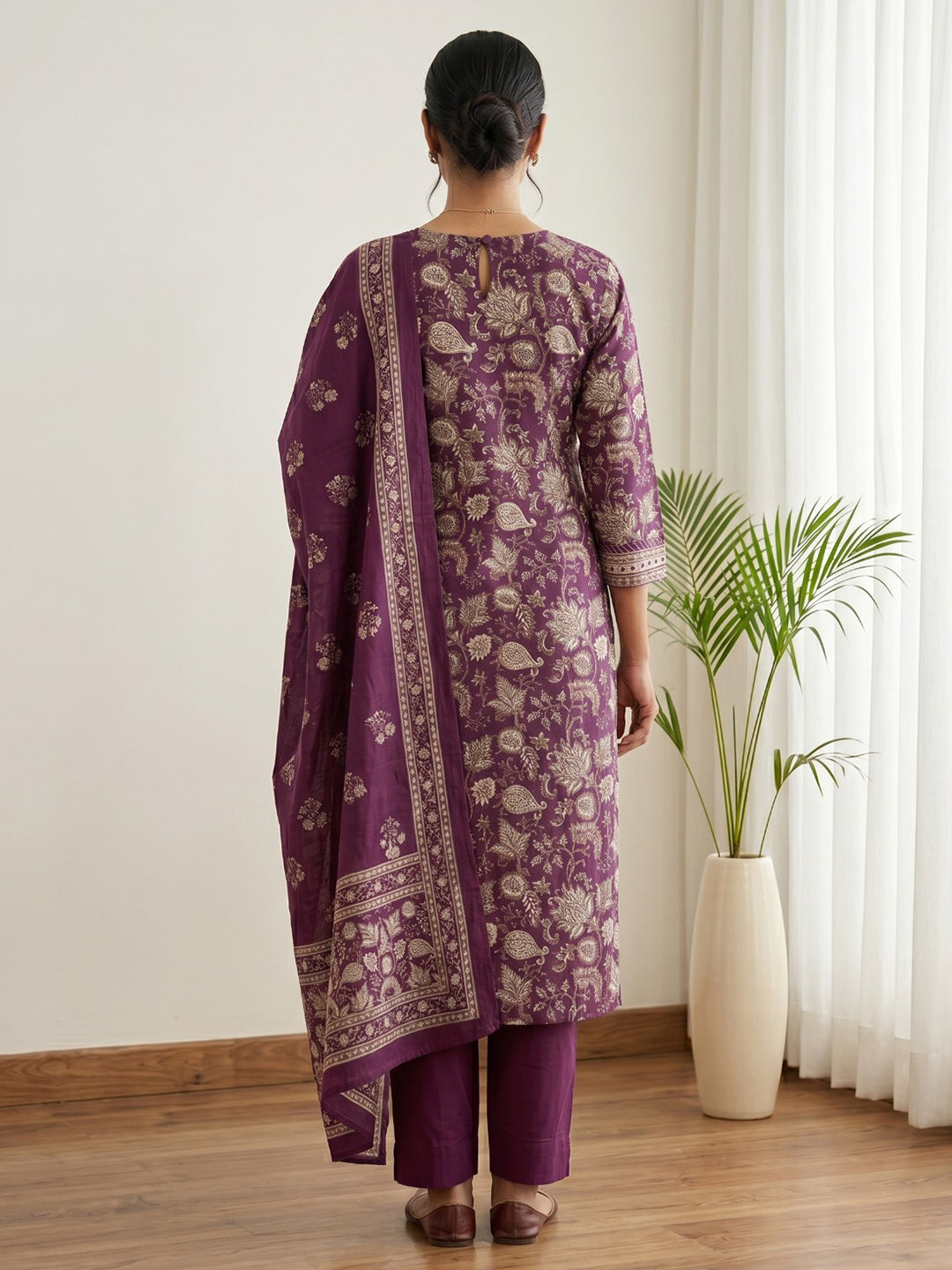 Wine Embroidery Cotton Blend Kurta With Pant &amp; Dupatta