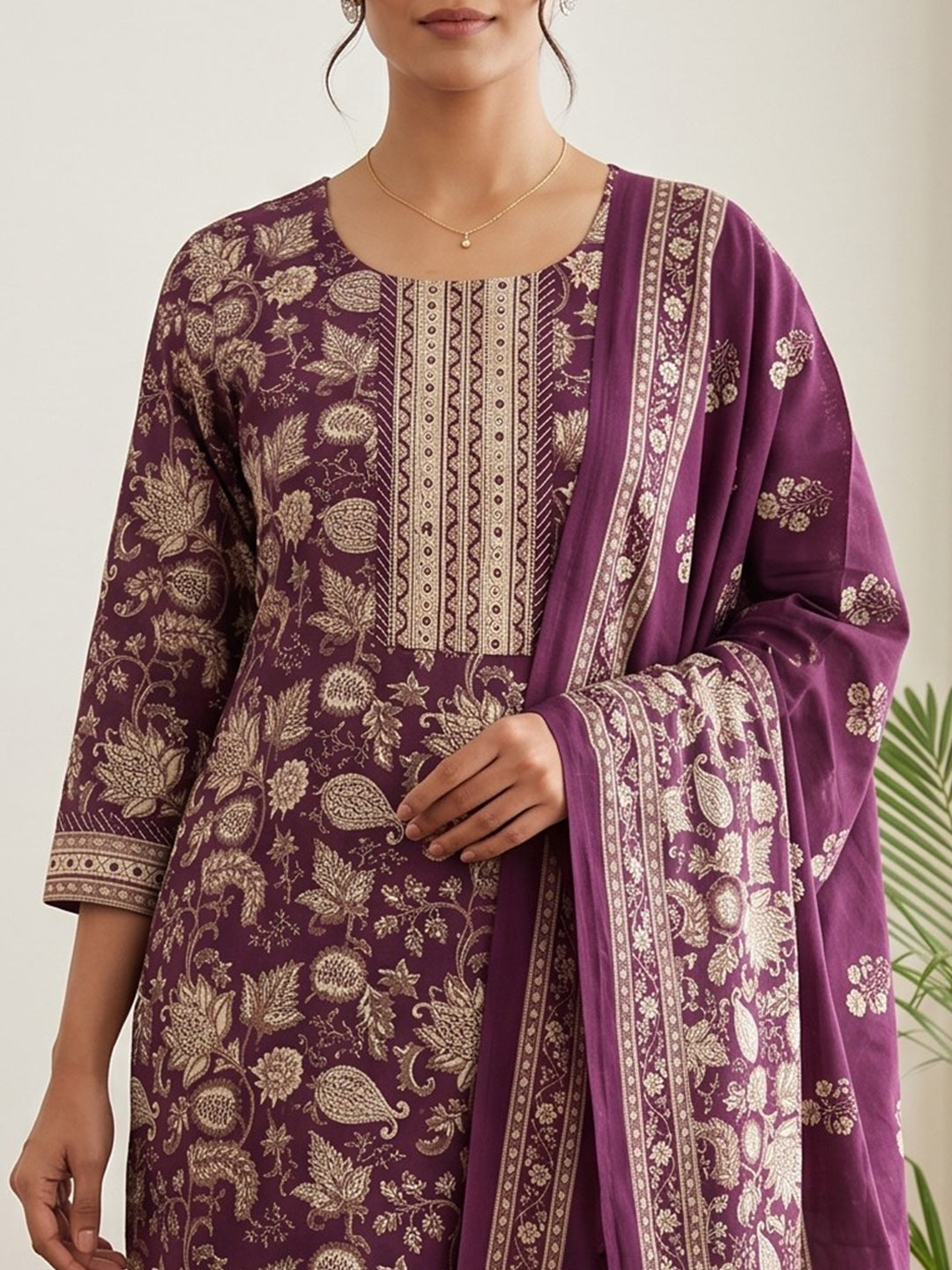 Wine Embroidery Cotton Blend Kurta With Pant &amp; Dupatta