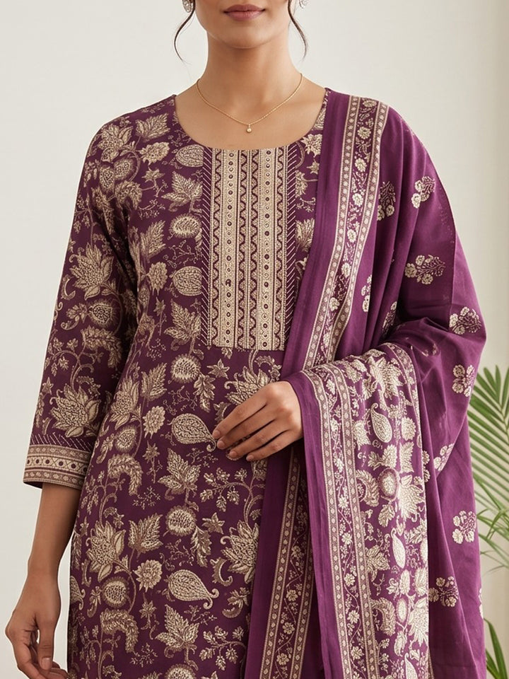 Wine Embroidery Cotton Blend Kurta With Pant &amp; Dupatta