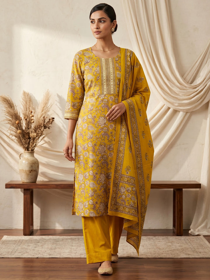Yellow Embroidery Cotton Blend Kurta With Pant &amp; Dupatta