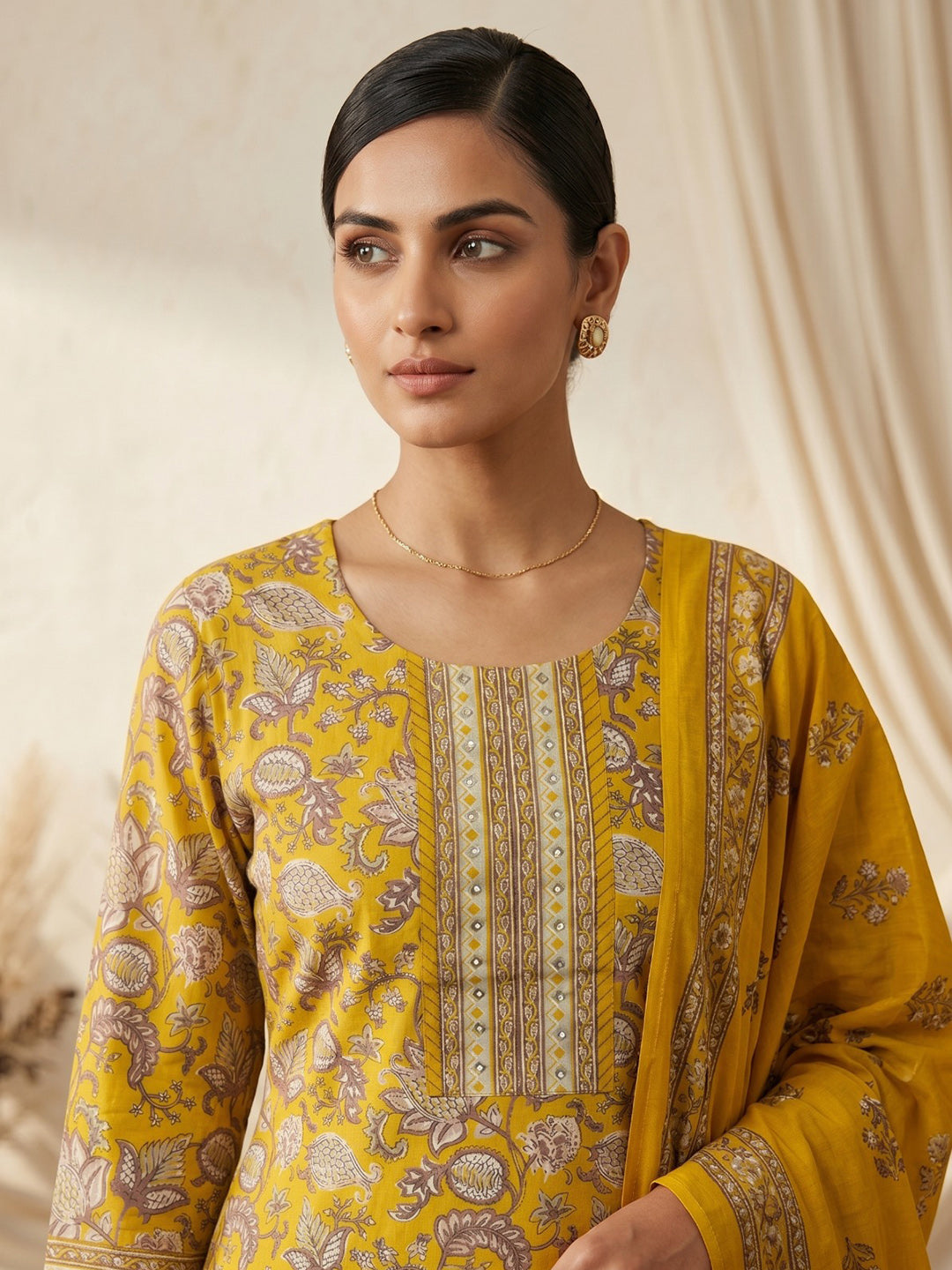 Yellow Embroidery Cotton Blend Kurta With Pant &amp; Dupatta