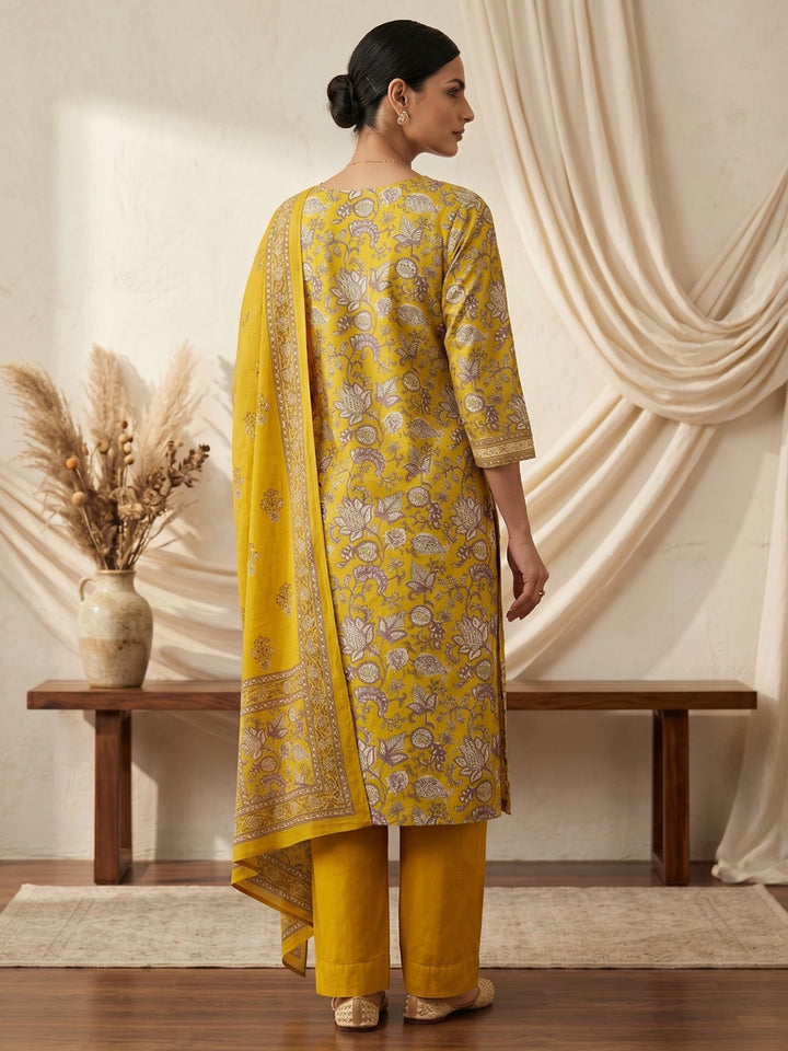 Yellow Embroidery Cotton Blend Kurta With Pant &amp; Dupatta
