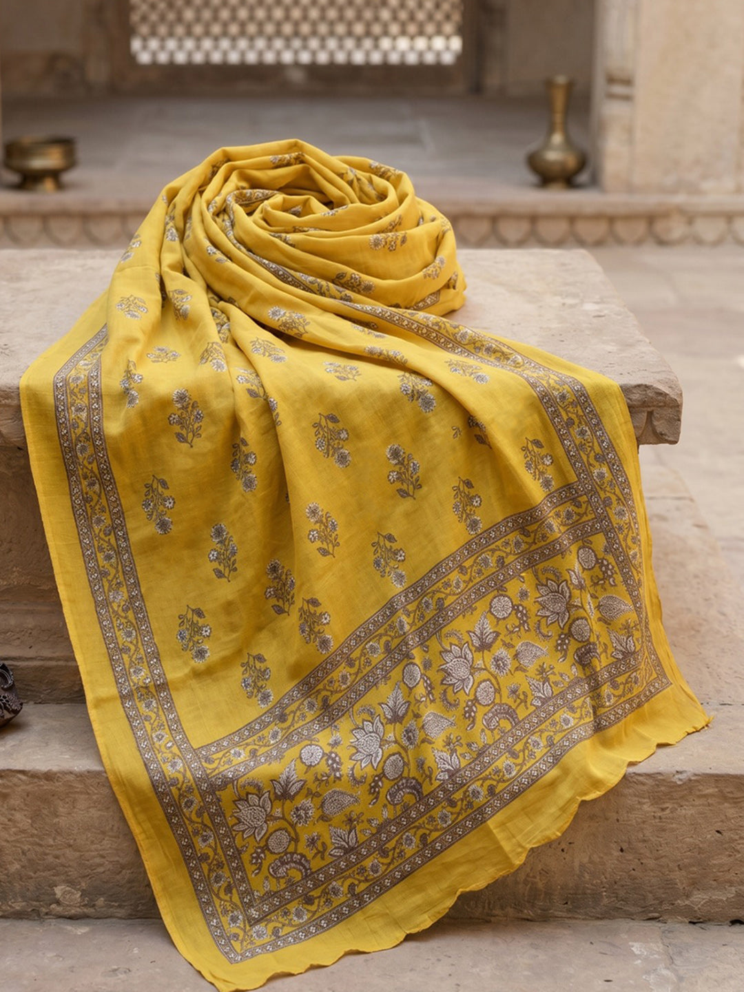 Yellow Embroidery Cotton Blend Kurta With Pant &amp; Dupatta