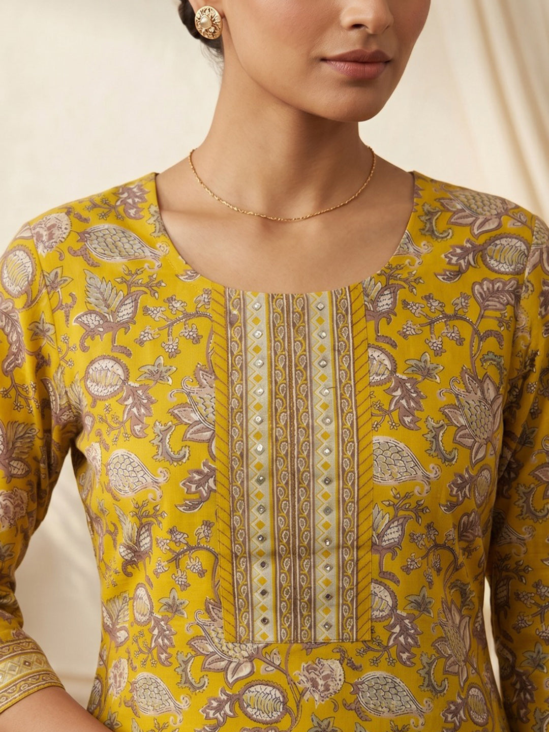 Yellow Embroidery Cotton Blend Kurta With Pant &amp; Dupatta