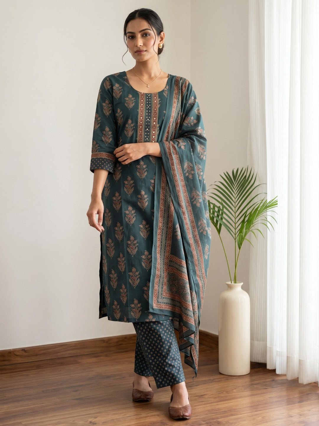 Green Printed Cotton Blend Kurta With Pant &amp; Dupatta