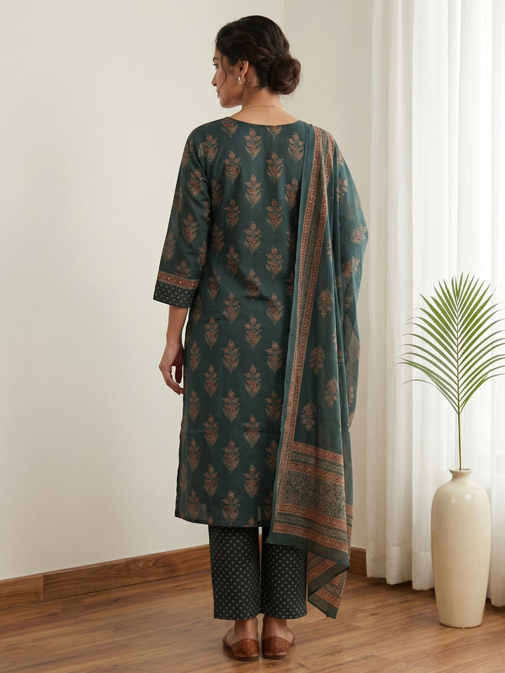 Green Printed Cotton Blend Kurta With Pant &amp; Dupatta
