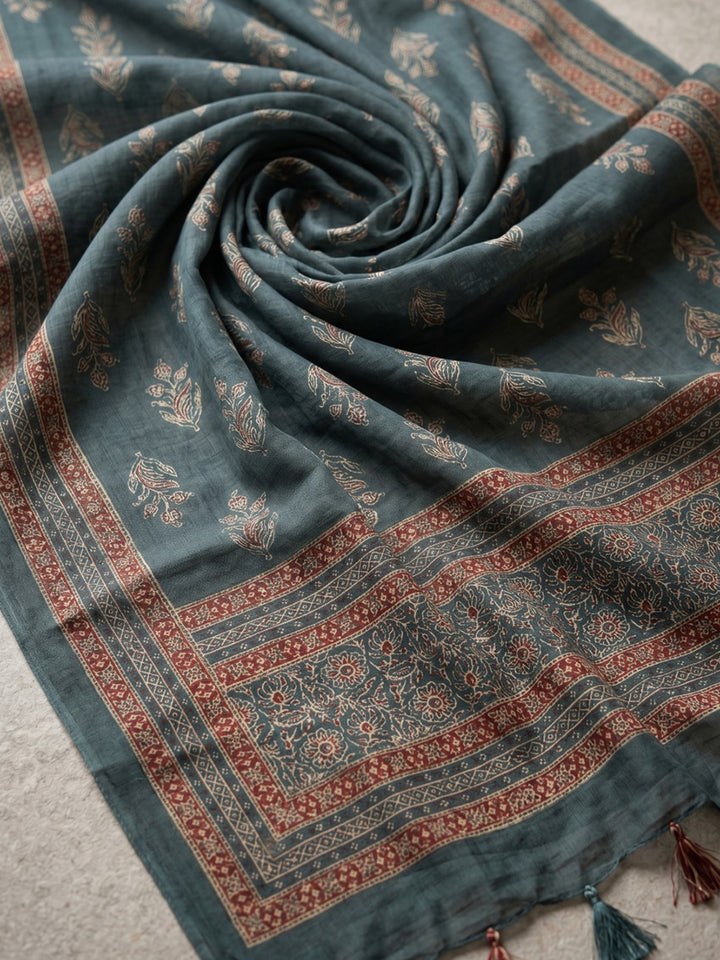 Green Printed Cotton Blend Kurta With Pant &amp; Dupatta