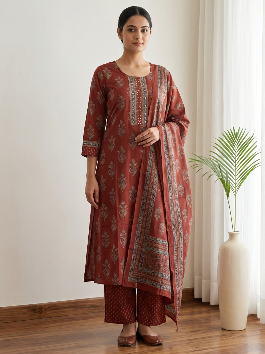 Red Printed Cotton Blend Kurta With Pant &amp; Dupatta