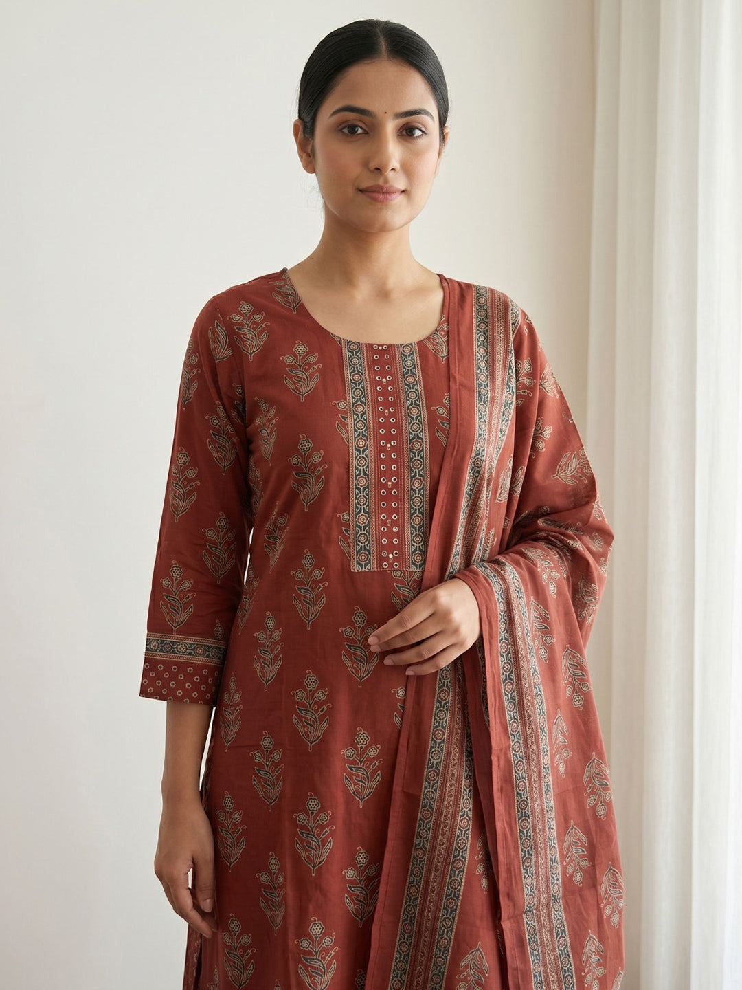 Red Printed Cotton Blend Kurta With Pant &amp; Dupatta