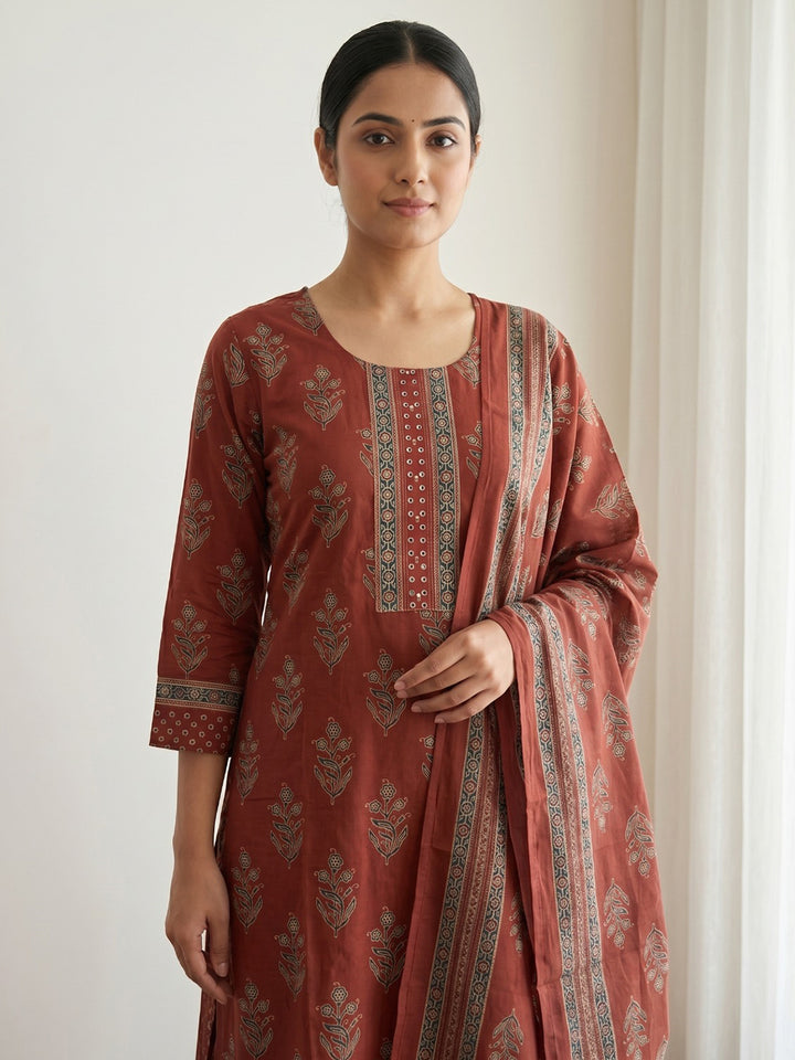 Red Printed Cotton Blend Kurta With Pant &amp; Dupatta