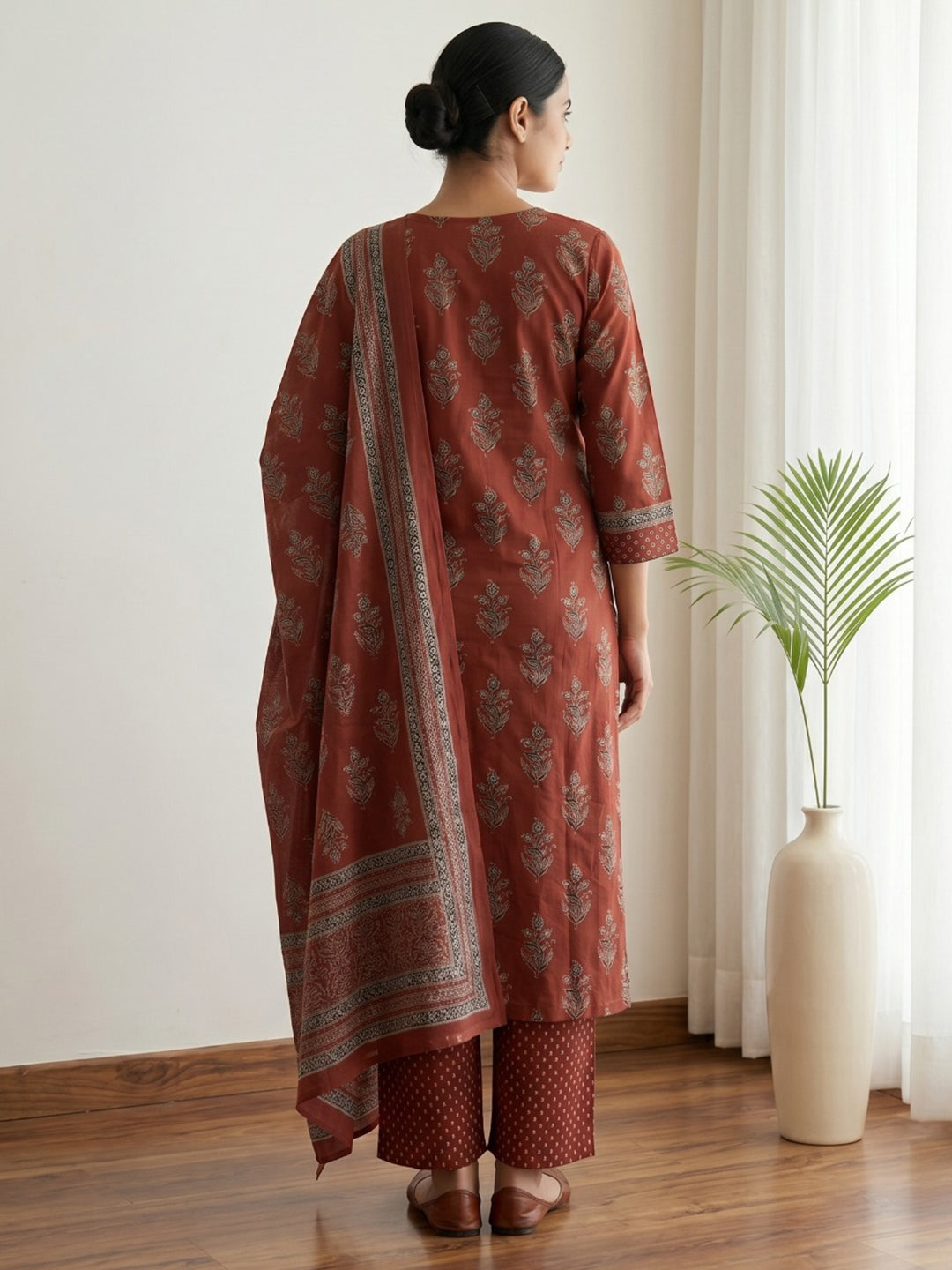 Red Printed Cotton Blend Kurta With Pant &amp; Dupatta