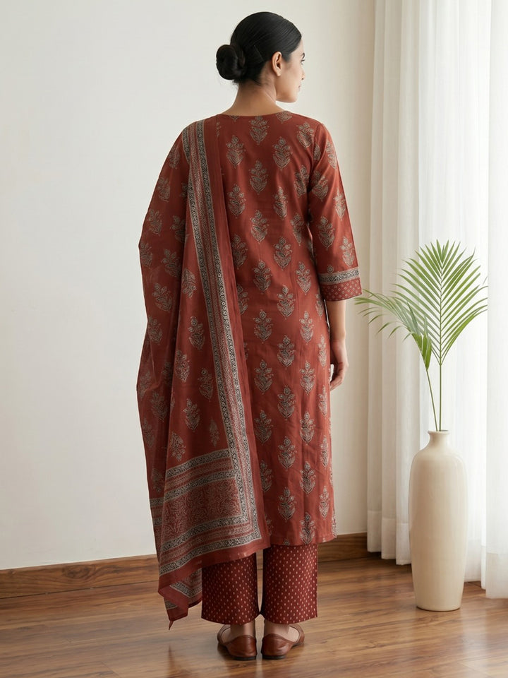 Red Printed Cotton Blend Kurta With Pant &amp; Dupatta