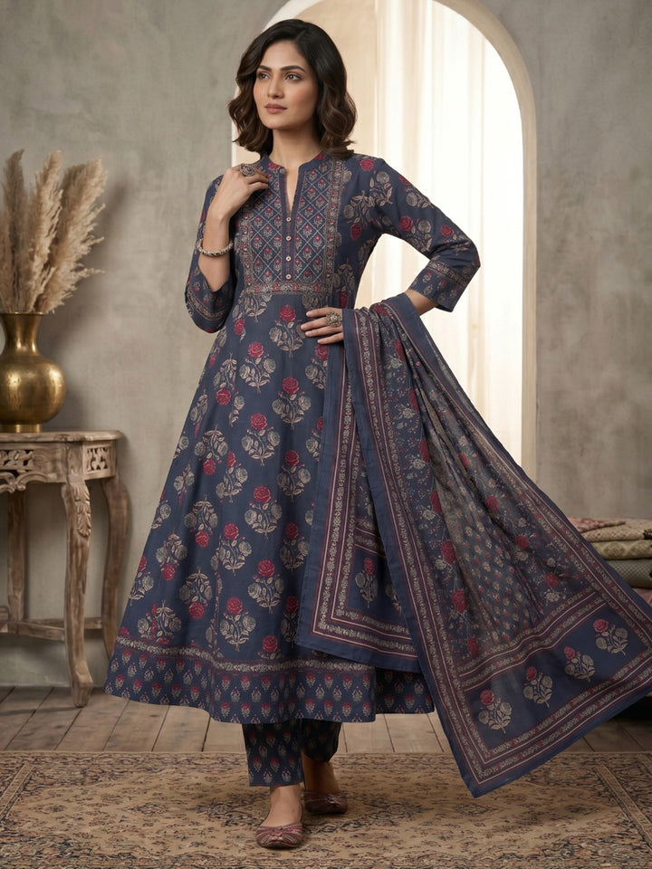 Blue Printed Cotton Blend Kurta With Pant &amp; Dupatta