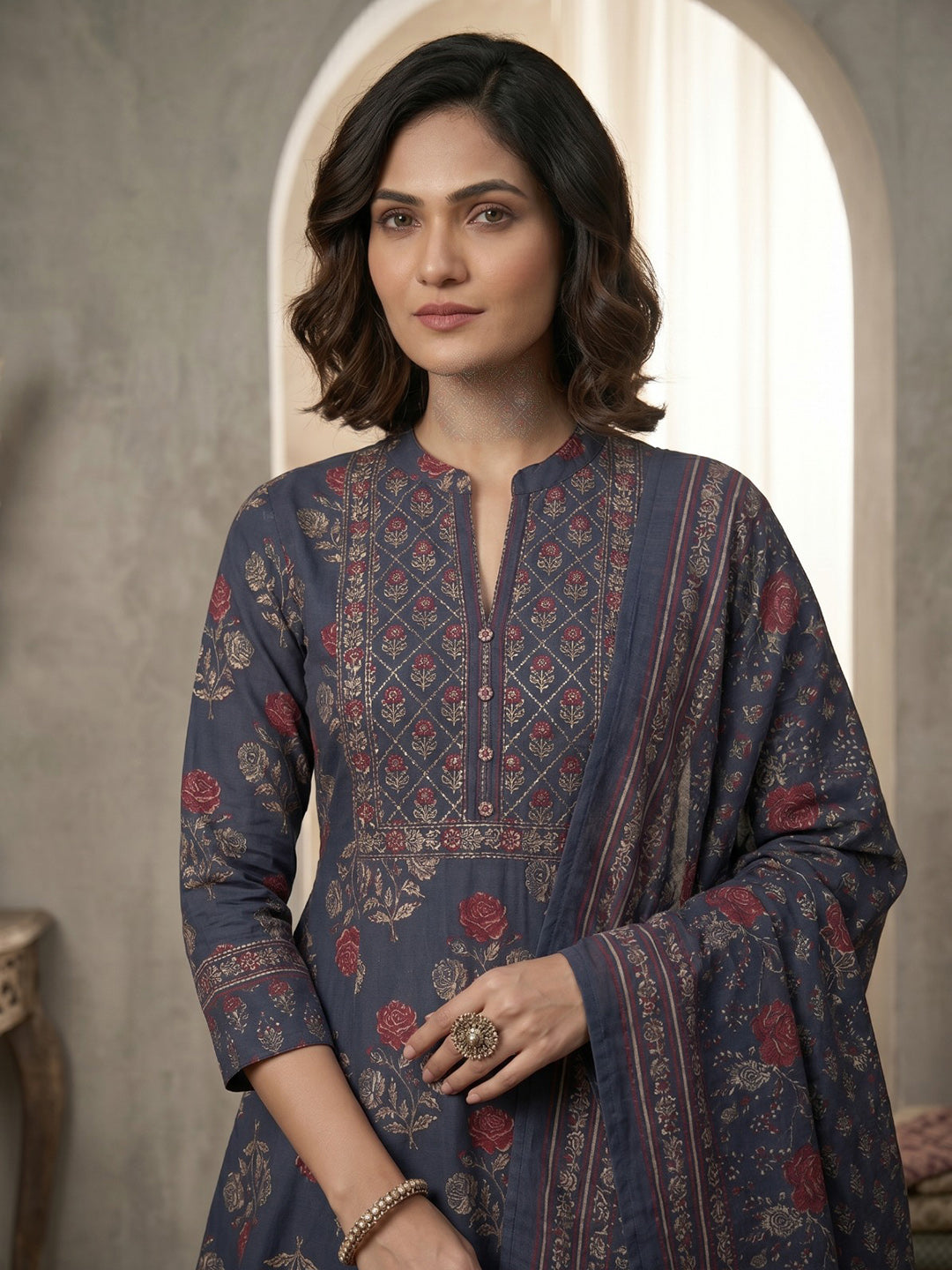 Blue Printed Cotton Blend Kurta With Pant &amp; Dupatta