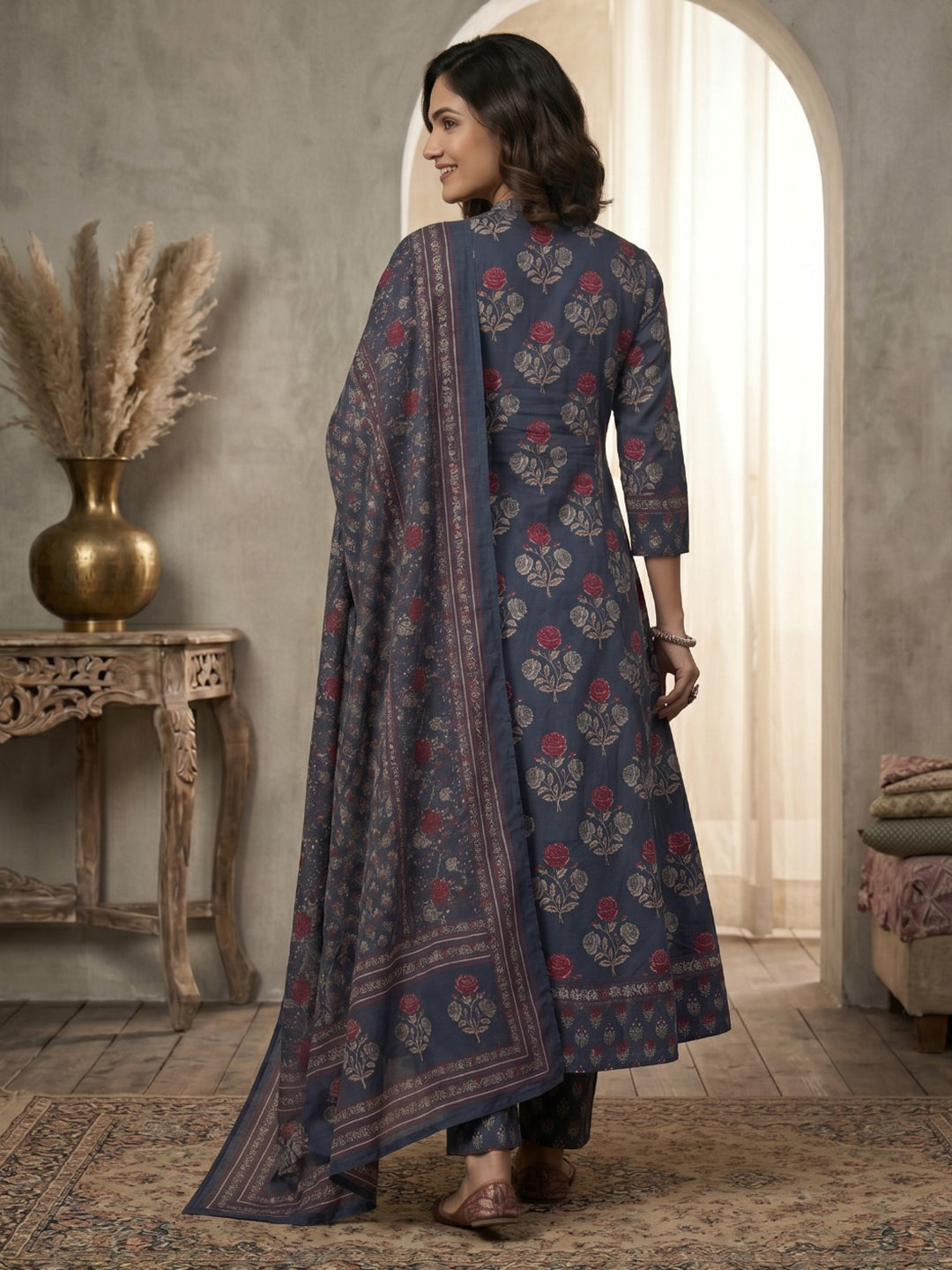 Blue Printed Cotton Blend Kurta With Pant &amp; Dupatta