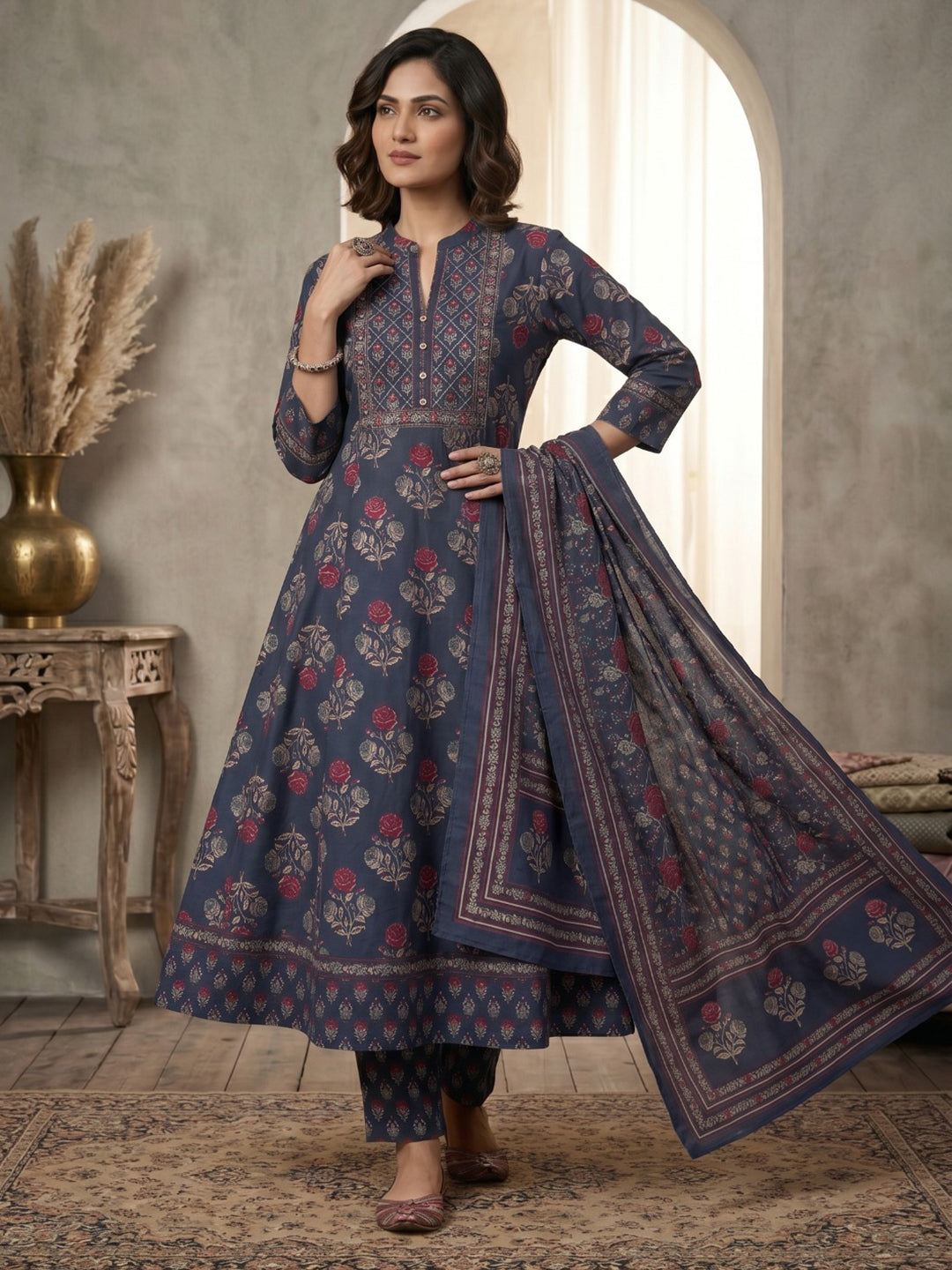 Grey Printed Cotton Blend Kurta With Pant &amp; Dupatta