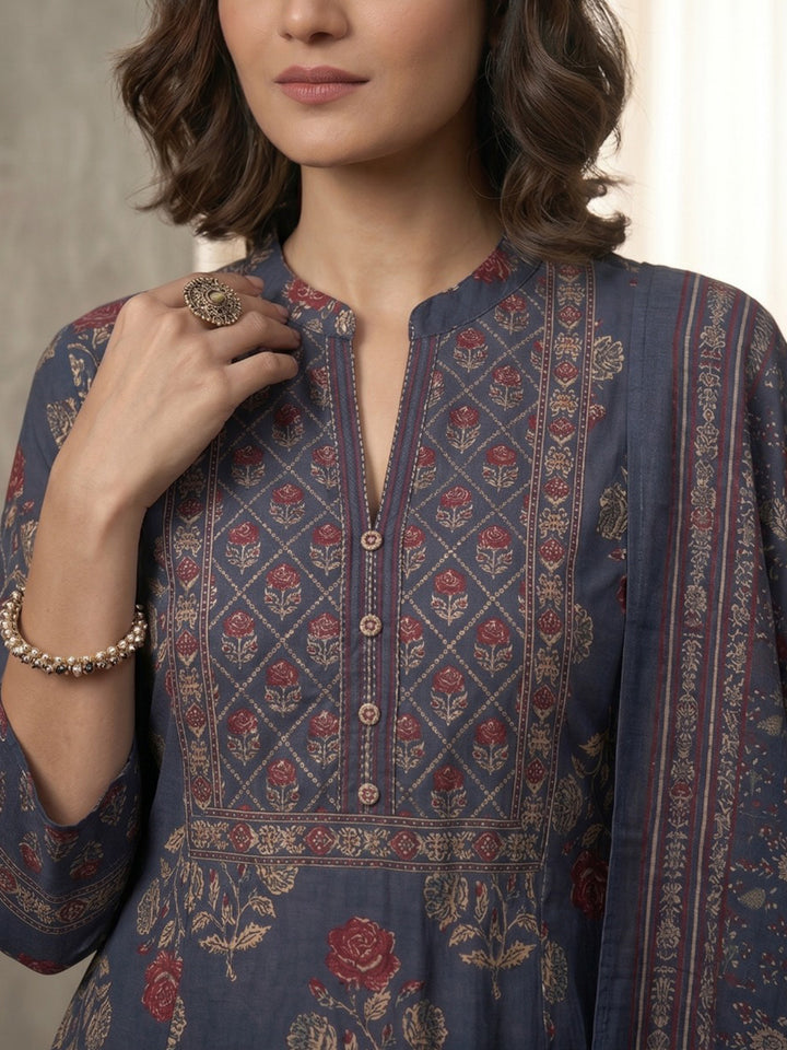 Grey Printed Cotton Blend Kurta With Pant &amp; Dupatta