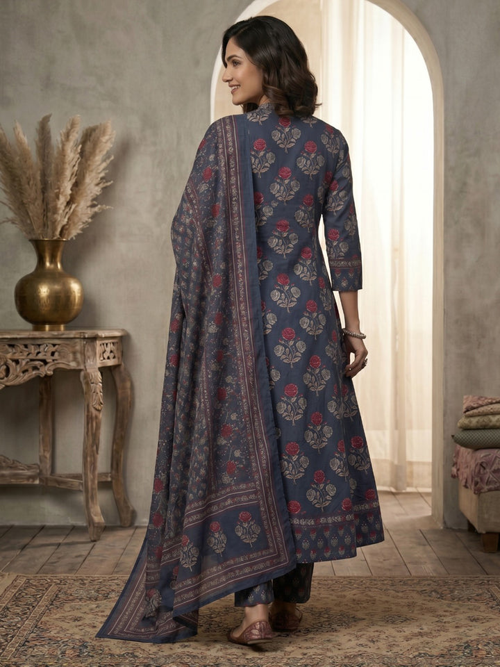 Grey Printed Cotton Blend Kurta With Pant &amp; Dupatta