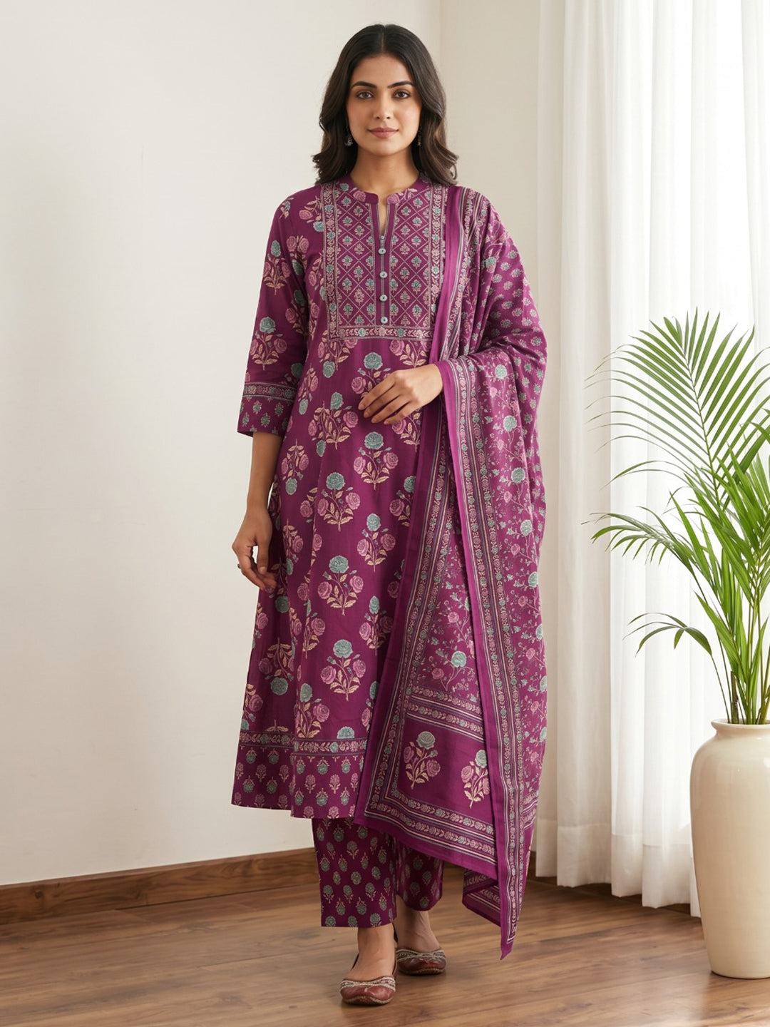 Purple Printed Cotton Blend Kurta With Pant &amp; Dupatta
