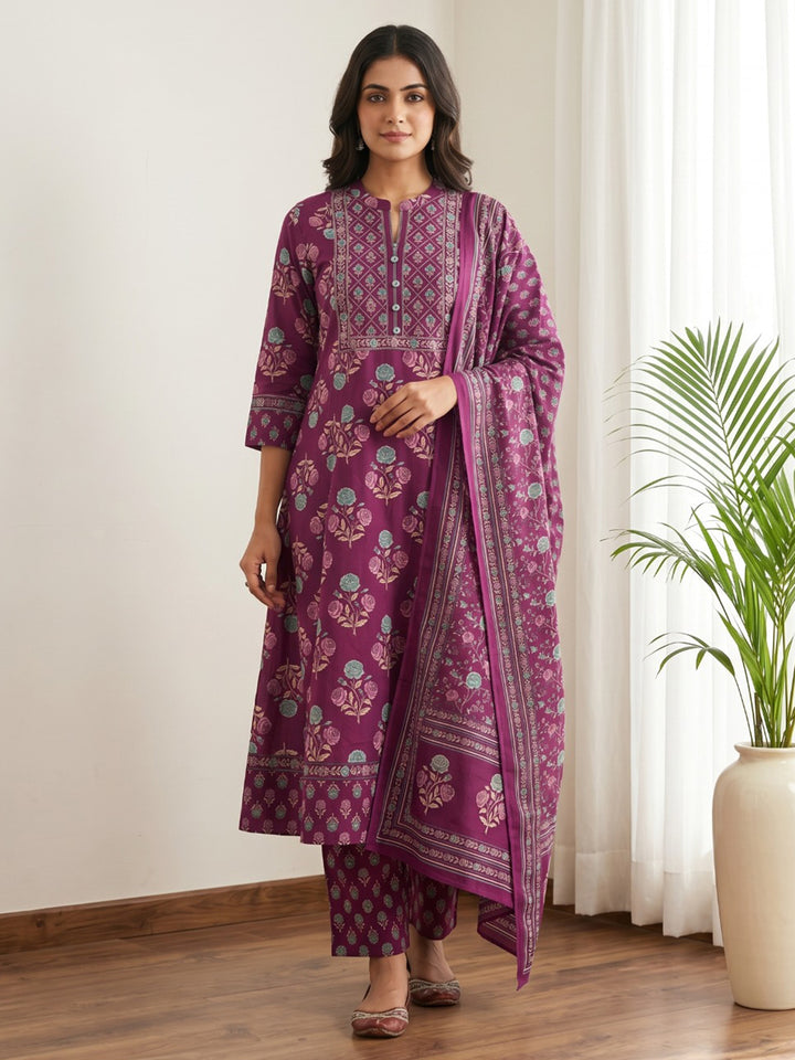 Purple Printed Cotton Blend Kurta With Pant &amp; Dupatta