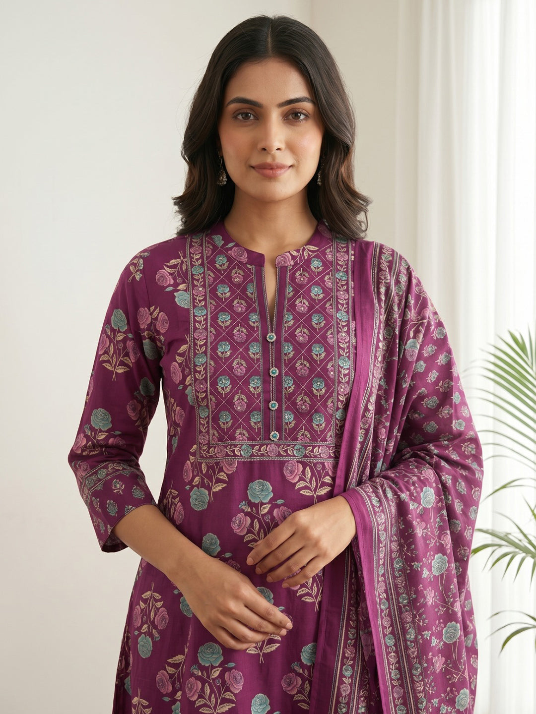 Purple Printed Cotton Blend Kurta With Pant &amp; Dupatta