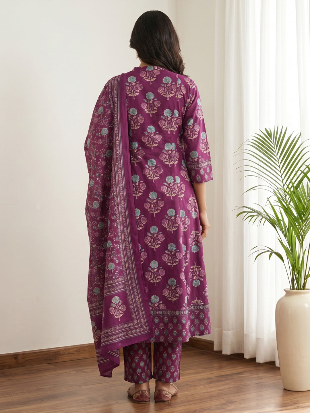 Purple Printed Cotton Blend Kurta With Pant &amp; Dupatta