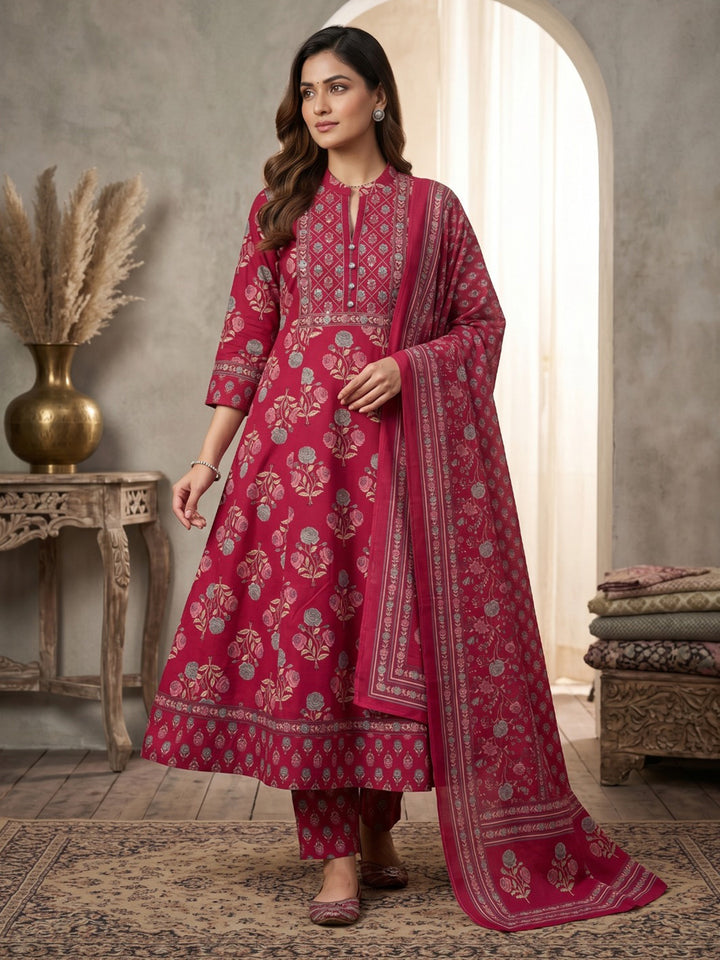 Rani Printed Cotton Blend Kurta With Pant &amp; Dupatta