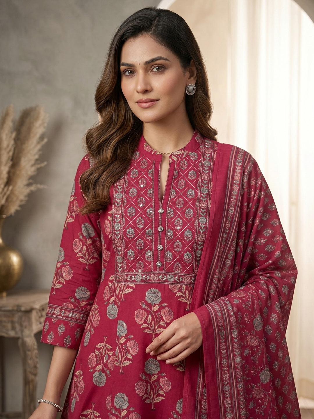 Rani Printed Cotton Blend Kurta With Pant &amp; Dupatta