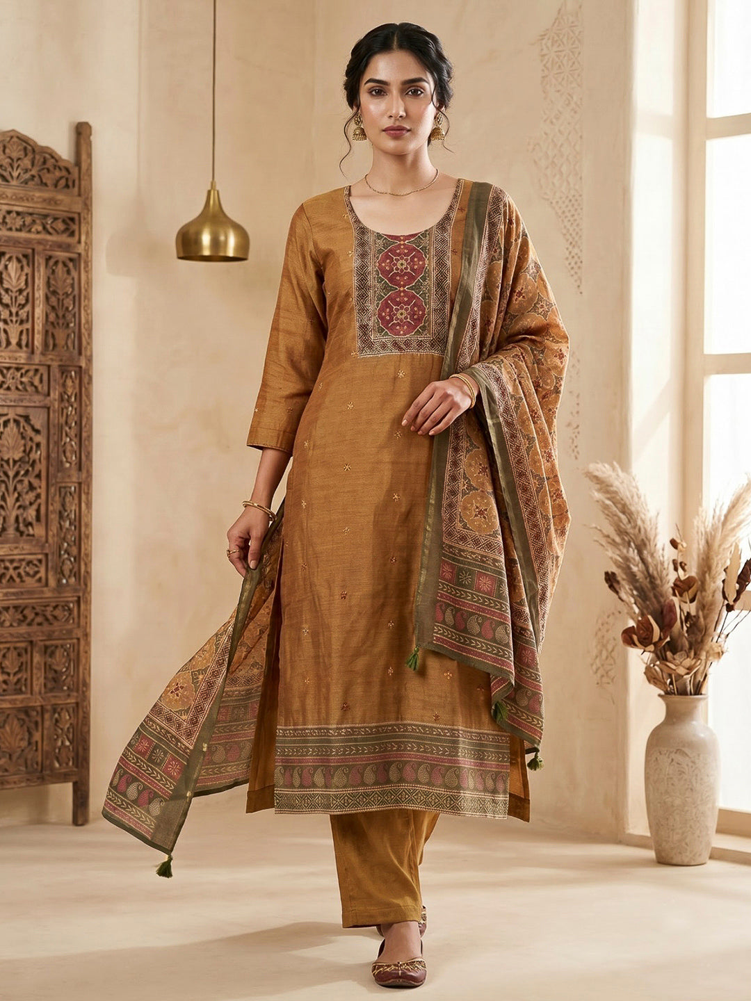 Mustard Embroidered Chanderi Kurta With Pant &amp; Dupatta