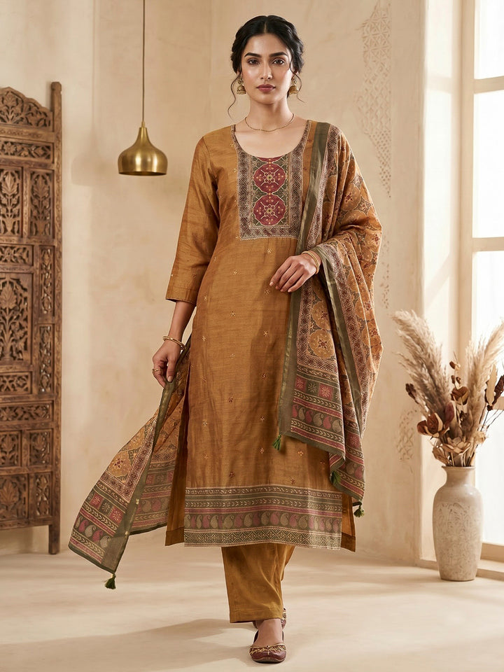 Mustard Embroidered Chanderi Kurta With Pant &amp; Dupatta