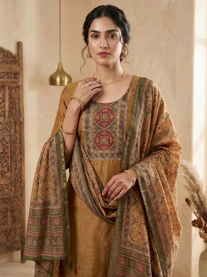Mustard Embroidered Chanderi Kurta With Pant &amp; Dupatta