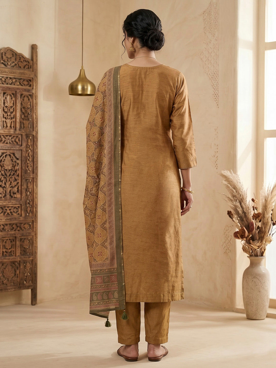 Mustard Embroidered Chanderi Kurta With Pant &amp; Dupatta