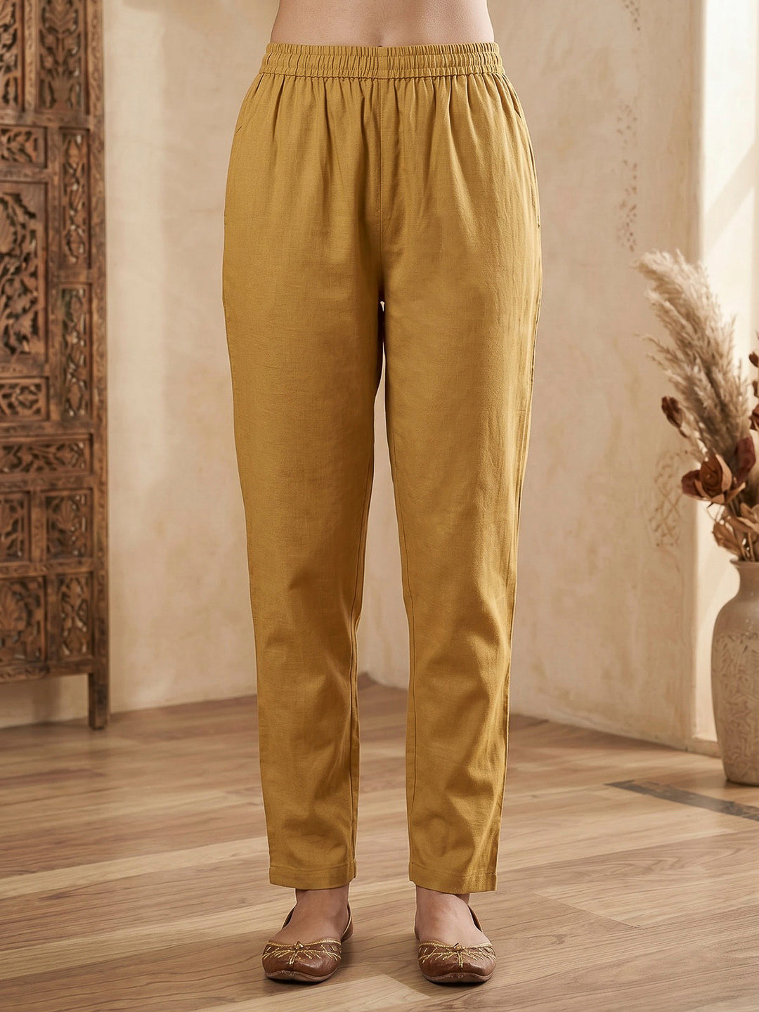 Mustard Embroidered Chanderi Kurta With Pant &amp; Dupatta