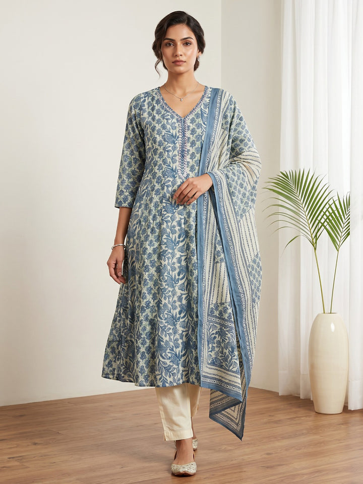 Blue Printed Cotton Blend Kurta With Pant &amp; Dupatta