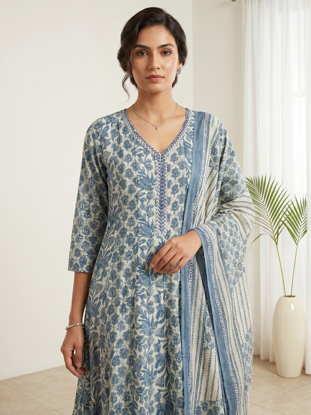Blue Printed Cotton Blend Kurta With Pant &amp; Dupatta