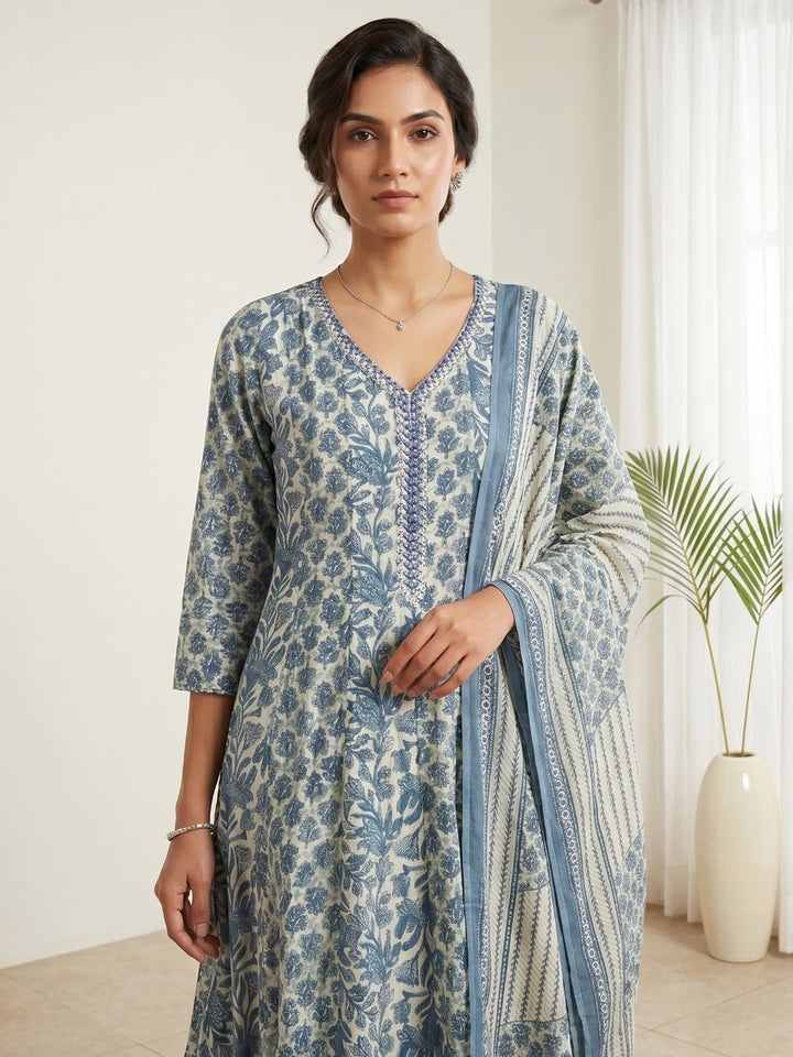 Blue Printed Cotton Blend Kurta With Pant &amp; Dupatta