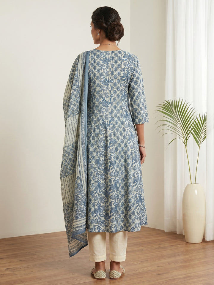 Blue Printed Cotton Blend Kurta With Pant &amp; Dupatta
