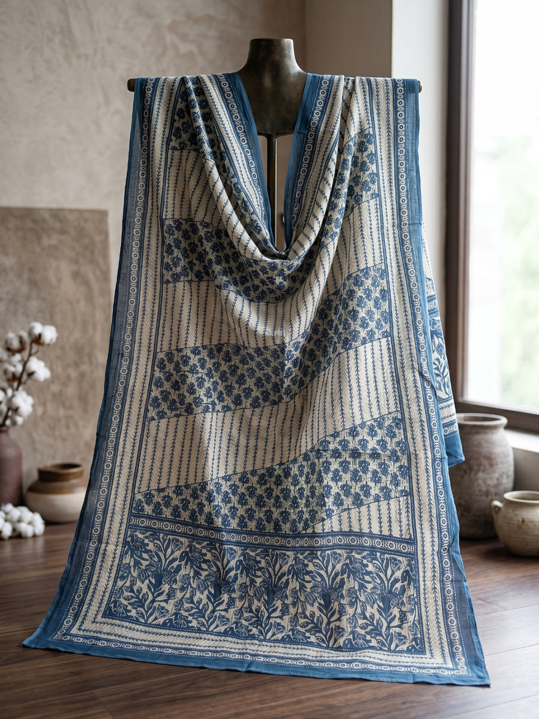 Blue Printed Cotton Blend Kurta With Pant &amp; Dupatta