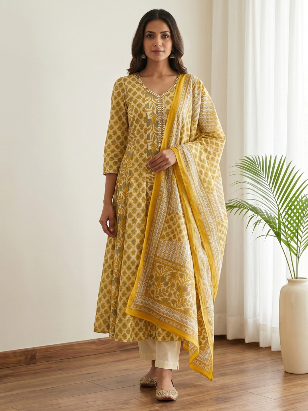 Yellow Printed Cotton Blend Kurta With Pant &amp; Dupatta