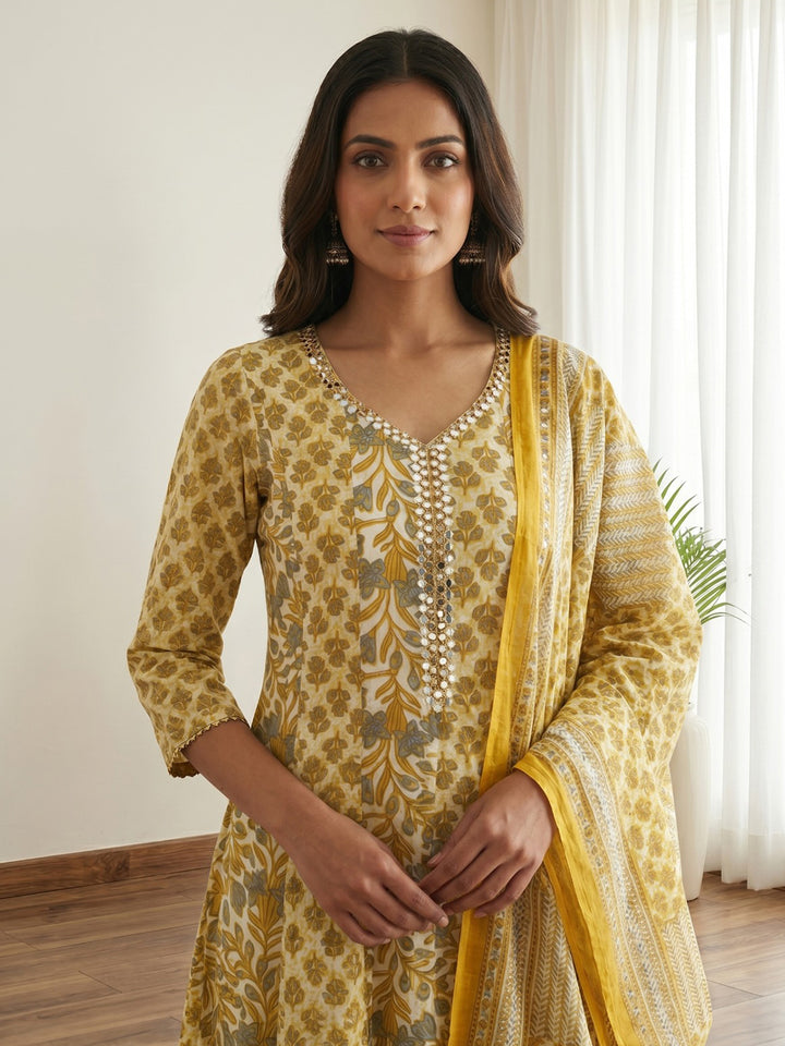 Yellow Printed Cotton Blend Kurta With Pant &amp; Dupatta