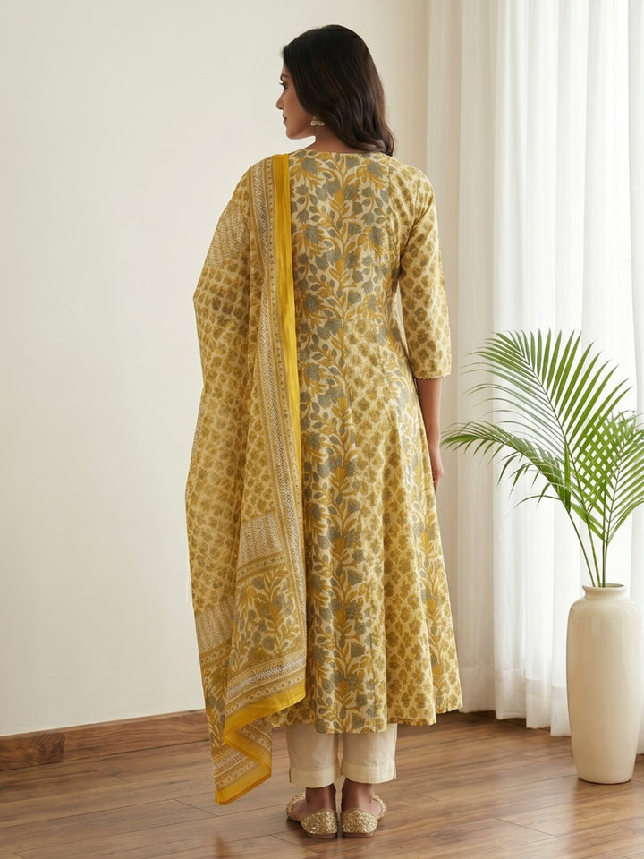 Yellow Printed Cotton Blend Kurta With Pant &amp; Dupatta