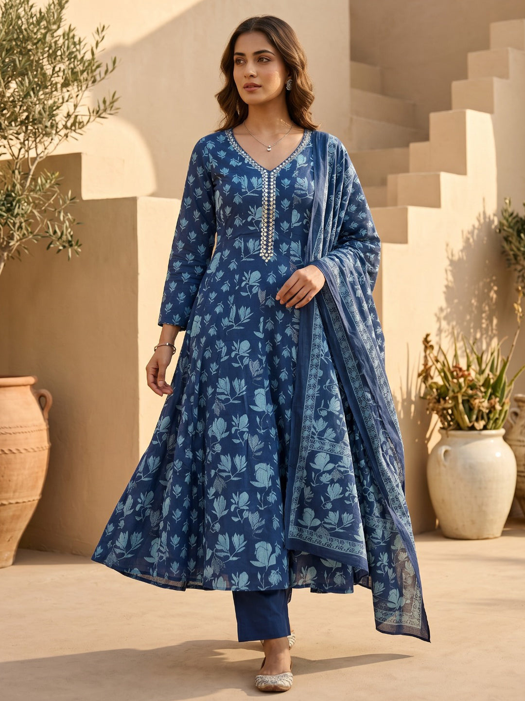 Blue Embroidered Cotton Blend Round Neck Straight Kurta With Pant