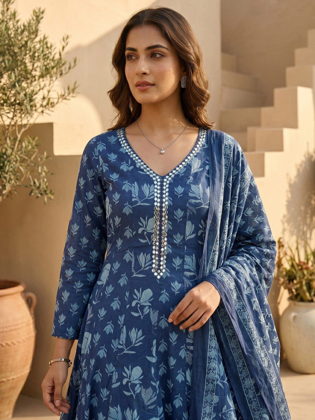 Blue Embroidered Cotton Blend Round Neck Straight Kurta With Pant