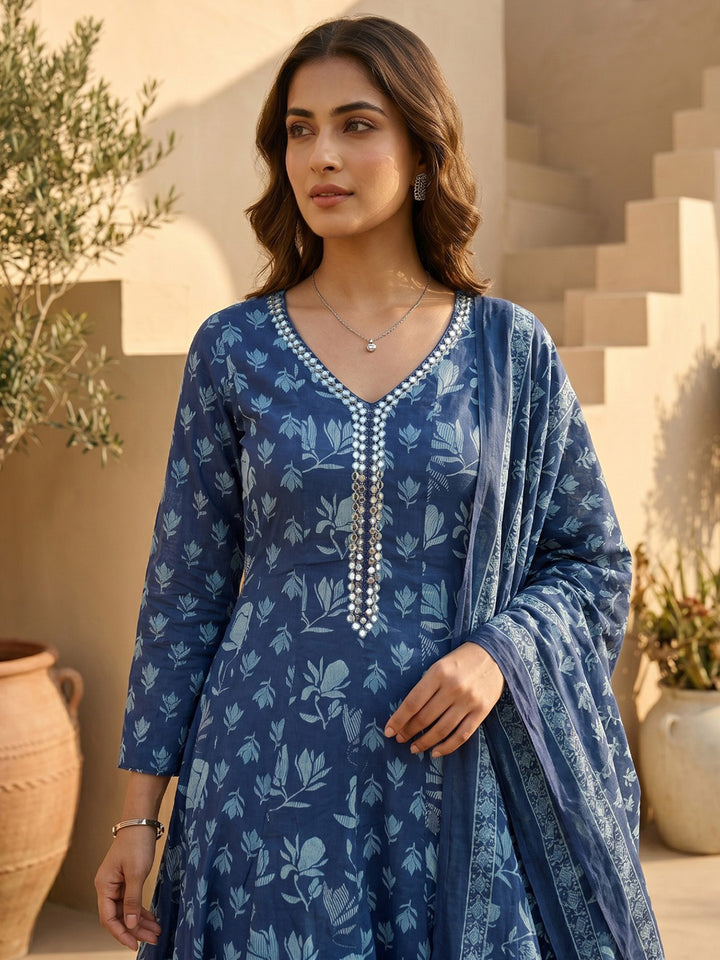Blue Embroidered Cotton Blend Round Neck Straight Kurta With Pant